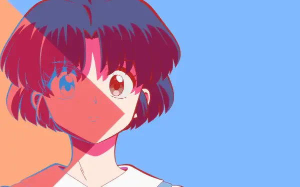 HD PC desktop wallpaper of Akane Tendo (Ranma ½): close-up anime portrait with short dark hair and bold red-and-blue duotone lighting against a pale blue background.