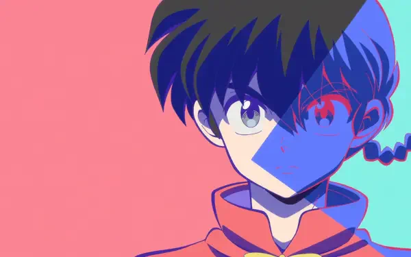 HD PC desktop wallpaper of Ranma Saotome (Ranma ½) in anime style — half-shadowed, blue-red duotone portrait against a split pink and teal background.