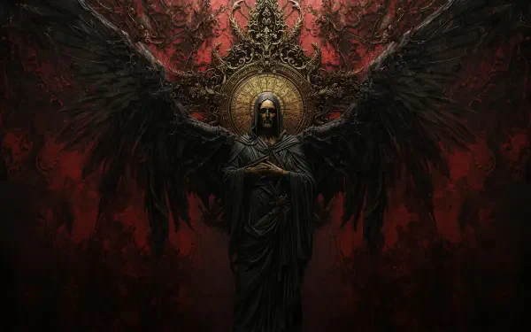 Dark aesthetic wall art showing a hooded, winged figure with ornate halo and outstretched black wings against a blood-red textured background — 2K Quad HD PC desktop wallpaper.