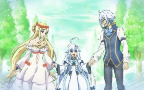HD PC desktop wallpaper from the anime Dad is a Hero, Mom is a Spirit, I'm a Reincarnator depicting Ellen, Rovel Vankreift and Origin holding hands in a sunlit garden.