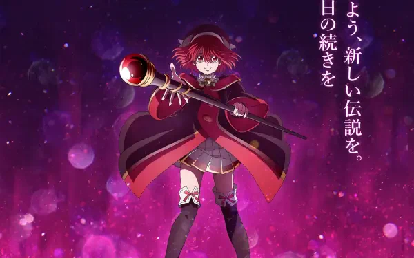 Anime HD PC desktop wallpaper of Yoruha Eisentz from The Banished Court Magician Aims to Become the Strongest — red-haired court magician in a cloak, staff raised amid purple-pink magical glow