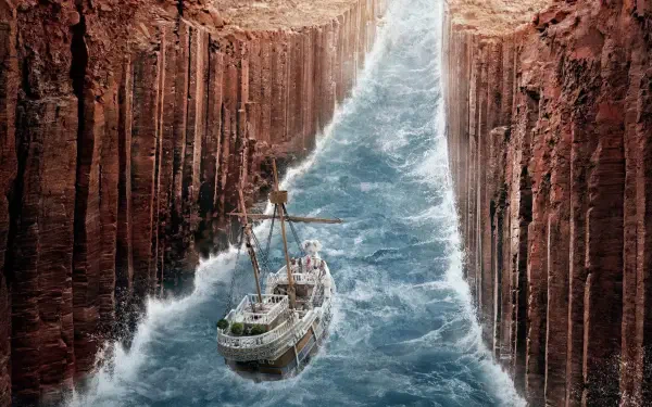 2K Quad HD PC desktop wallpaper and background — TV show One Piece (Live Action): a ship plows turbulent blue waters through a narrow canyon of towering red cliffs, sunlight breaking above.