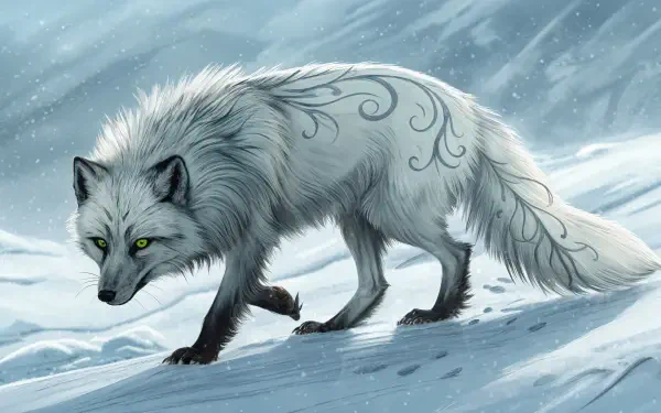 4K Ultra HD PC desktop wallpaper: white arctic fox with subtle swirling markings and green eyes trotting across a snowy, wind-swept landscape.