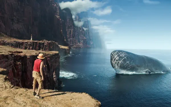 One Piece (Live Action): Monkey D. Luffy stands on a cliff in his straw hat, watching Laboon the giant whale surface by a rocky coastline — 2K Quad HD PC wallpaper.