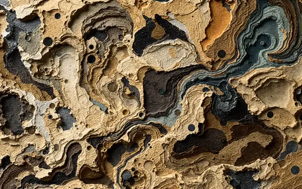 4K Ultra HD PC Desktop Wallpaper and Background: close-up abstract layered rock-like textures in beige, gold, brown and teal forming cavernous, topographic patterns.