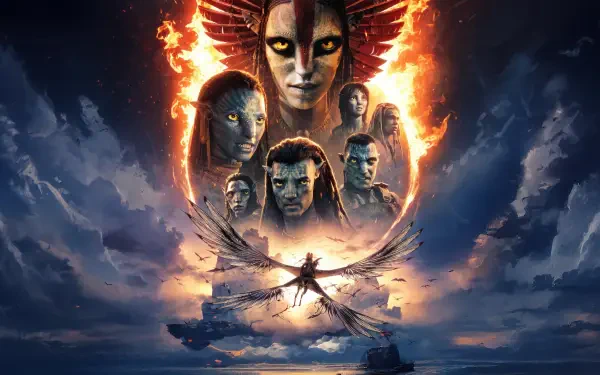 Avatar: Fire and Ash — 5K Ultra HD PC desktop wallpaper and background with fiery faces and characters rising from flames above a glowing horizon, a lone winged figure soaring forward.