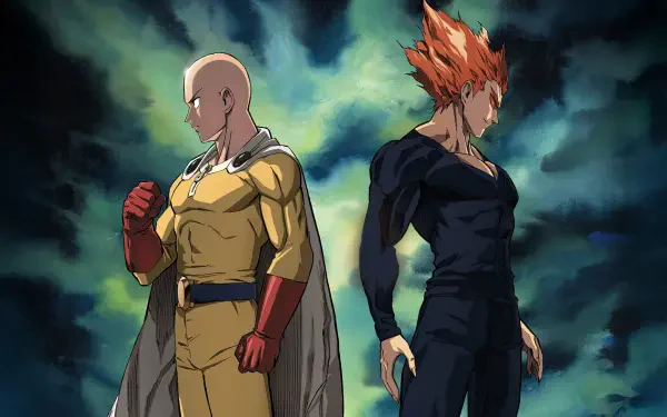 2K Quad HD anime desktop wallpaper of One-Punch Man: Saitama and Garou stand back-to-back against a stormy, dramatic sky, with intense lighting and detailed character art.