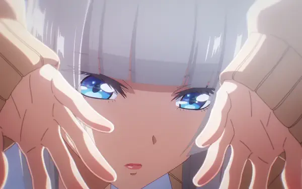 HD PC desktop wallpaper featuring anime Hikari Wanda from Wandance: close-up of her pale hair, bright blue eyes and hands framing her face.