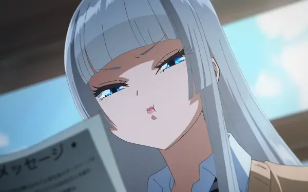 Anime HD PC wallpaper: Hikari Wanda from Wandance — silver-haired girl with blunt bangs and blue eyes, pouting while holding a newspaper against a bright, sky-lit background.