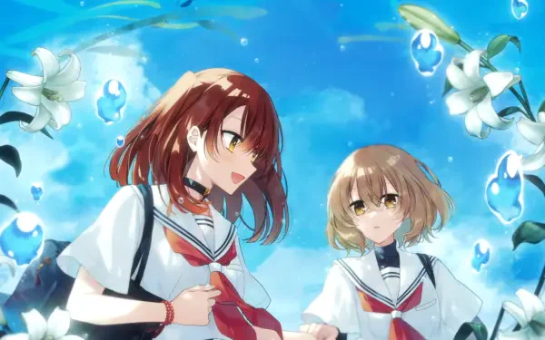 HD PC wallpaper: anime scene of Hinako Yaotose and Miko Yashiro from This Monster Wants to Eat Me, smiling in sailor uniforms beneath a bright blue sky dotted with white lilies.
