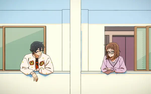 Anime HD desktop wallpaper of Let's Play duo Sam Young and Charles Jones leaning from adjacent balcony windows, he in a white jacket and she a bespectacled girl in a pink sweater.