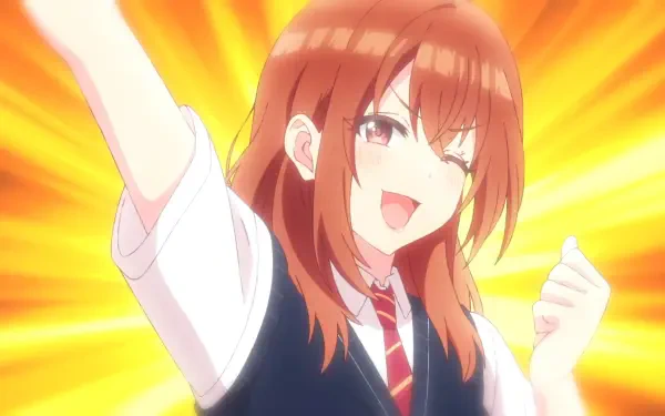 Anime HD PC desktop wallpaper: Iroha Kohinata from My Friend's Little Sister Has It In for Me!, smiling and cheering with a vibrant yellow-orange background.