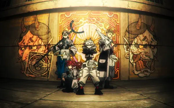 Anime Gachiakuta HD PC desktop wallpaper: four stylized heroes in bold poses before an ornate sunlit mural, warm golden tones and dramatic shadows.