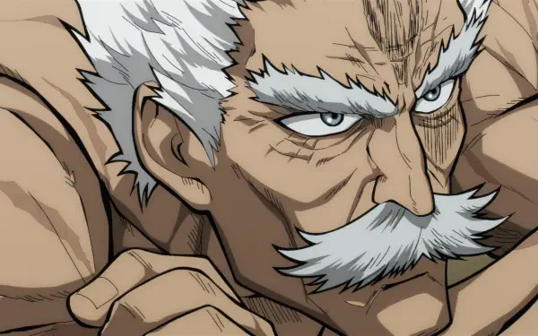 HD PC desktop wallpaper of Bang (Silver Fang) from One-Punch Man — close-up of his stern face, white hair and mustache, with muscular shoulders filling the frame.