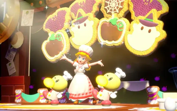 Princess Peach Showtime! HD PC desktop wallpaper: Princess Peach in a pink dress and hat onstage with two yellow helpers beneath hanging candy-ghost decorations and warm lights.