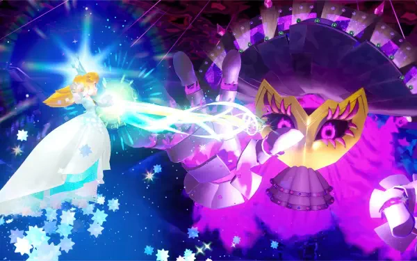 Princess Peach Showtime! HD PC desktop wallpaper background: Princess Peach in a white gown fires a sparkling magic beam at a purple masked mechanical foe amid neon lights and starry effects.