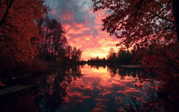 Fall sunset over a calm lake with fiery pink-orange clouds reflected in the water, framed by crimson autumn trees — 4K Ultra HD PC desktop wallpaper and background.