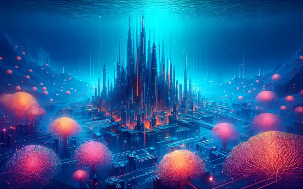 4K Ultra HD PC desktop wallpaper and background: neon futuristic city of cyan spires rising from a circuit-like seabed, surrounded by glowing pink bioluminescent orbs.