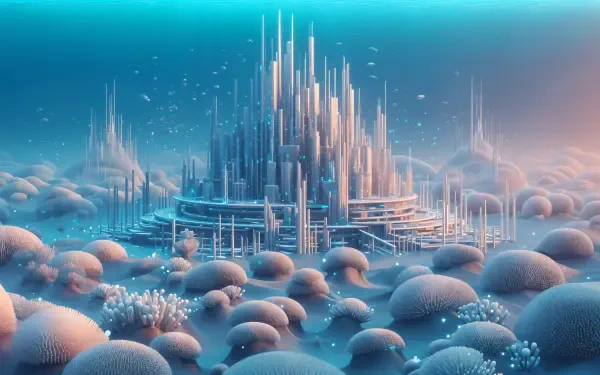 4K Ultra HD PC desktop wallpaper and background: a coral-hued futuristic city of spires rising from bulbous coral mounds under teal-pink light, surrounded by mist and floating particles.