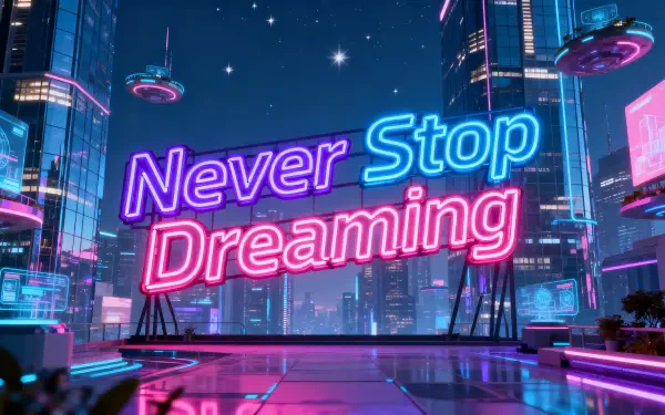 4K Ultra HD PC desktop wallpaper: neon Never Stop Dreaming sign in pink and blue over a futuristic cyberpunk cityscape, reflective rooftop and hovering vehicles — motivational background.