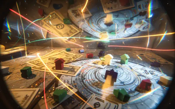 4K Ultra HD PC desktop wallpaper: close-up of a sci-fi board game with cards and colored meeples on circular boards, glowing streaks of light and holographic effects.