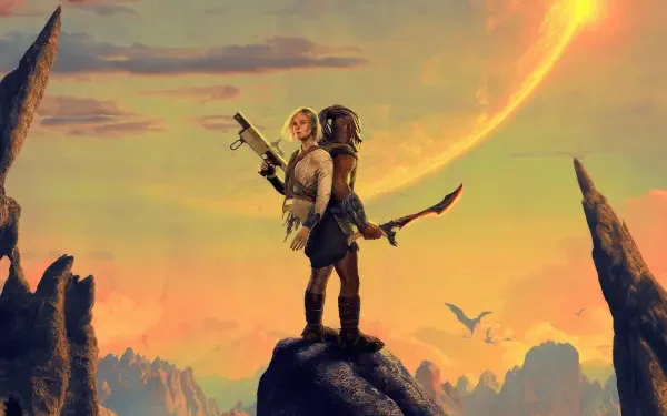 Predator: Badlands 4K Ultra HD PC desktop wallpaper — human warrior and Predator stand back-to-back on a rocky outcrop beneath a fiery sky with a distant planet and flying creatures.