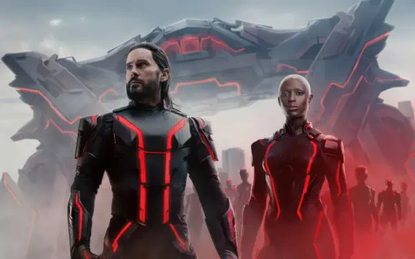 Tron: Ares 4K Ultra HD PC desktop wallpaper — two figures in black armor with red neon lines stand before a massive hovering craft and a red-lit crowd.