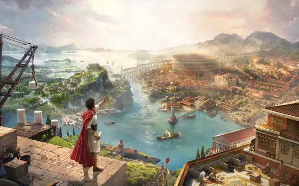 4K Ultra HD PC desktop wallpaper for the video game Anno 117: Pax Romana — a red-cloaked figure surveys a sunlit Roman-era coastal city with a busy harbor, aqueducts and distant hills.