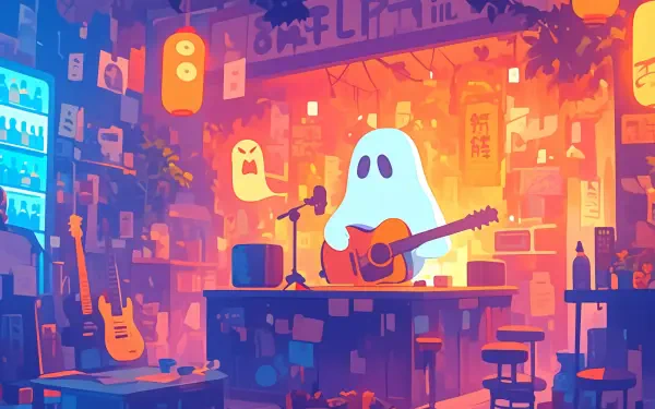 Cute ghost strumming a guitar in a neon, aesthetic anime bar — AI Art 2K Quad HD PC desktop wallpaper/background.