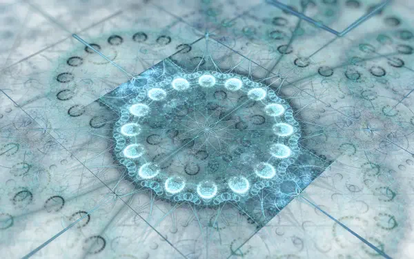 Abstract geometric fractal in icy teal: central glowing ring of orbs over layered grid and crystalline patterns — 4K Ultra HD PC desktop wallpaper background.