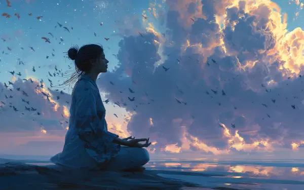 Silhouetted woman meditating by the sea at sunset, birds and radiant clouds above — serene peaceful energy; 4K Ultra HD PC desktop wallpaper/background.