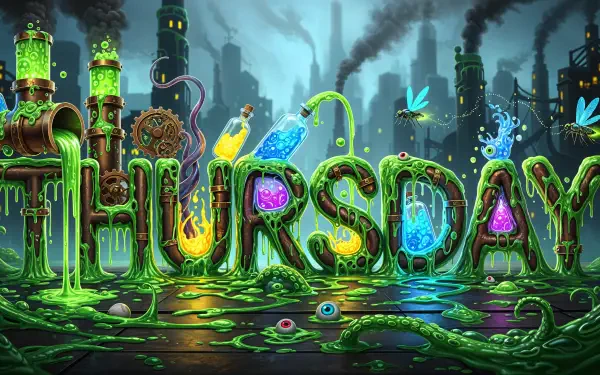 4K Ultra HD PC desktop wallpaper: THURSDAY formed from glowing, gooey potion-filled letters amid a neon, toxic industrial skyline.
