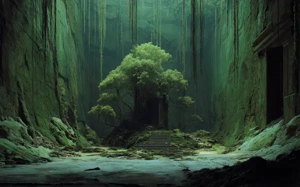 4K Ultra HD PC desktop wallpaper/background: lone tree glowing within moss-covered, entropy-worn ruins inside a vast, shadowed green cavern.