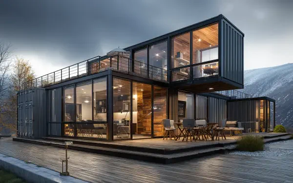 4K Ultra HD PC desktop wallpaper of a man-made modern container house with glass walls and lit interior on a lakeside deck against misty mountains.