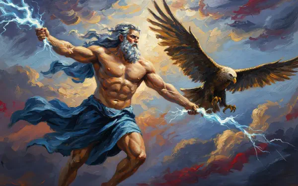 4K Ultra HD PC desktop wallpaper and background: Zeus, muscular bearded god wielding lightning, draped in blue, with a soaring eagle amid stormy, lightning-filled clouds.