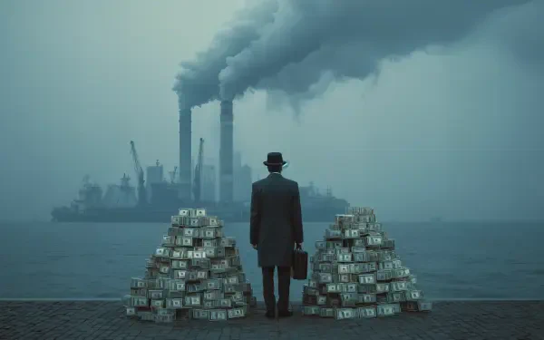 Businessman in hat with briefcase stands by water between piles of cash, facing smokestacks belching smoke — 4K Ultra HD PC desktop wallpaper/background illustrating commercial exploitation.