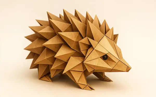 Geometric folded-paper hedgehog in warm beige tones, presented as a 4K Ultra HD PC desktop wallpaper and background.