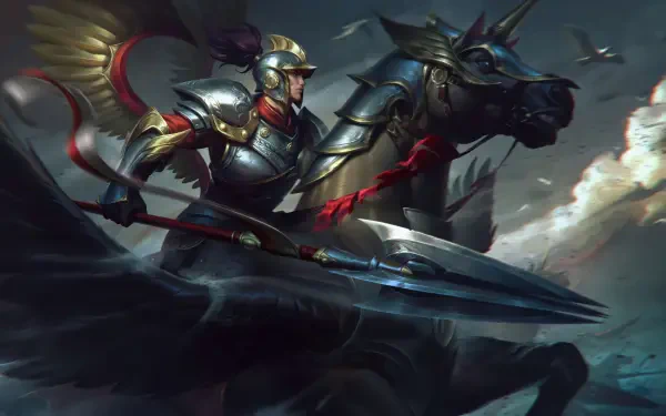 8K Ultra HD PC wallpaper of Xin Zhao from League of Legends — armored knight charging on a warhorse, lance raised beneath stormy skies.