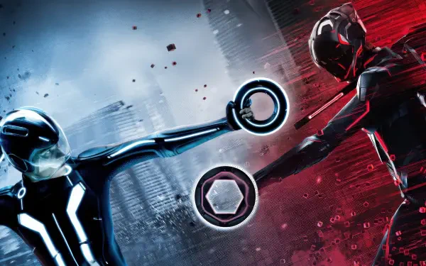 TRON: Legacy 4K Ultra HD PC wallpaper of two neon-suited riders, blue and red, reaching across a split cityscape while each holds a glowing identity disc.