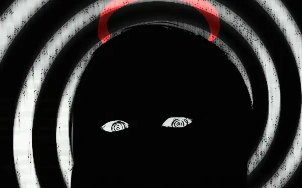 2K Quad HD horror wallpaper of Makima (Chainsaw Man): black silhouette framed by spiraling white rings, stark anime eyes and a faint hint of red horns.