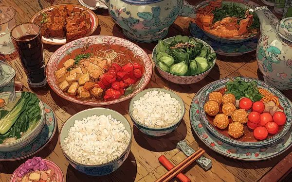 4K Ultra HD PC desktop wallpaper and background showing Chinese food: bowls of rice, tofu, greens, cherry tomatoes and fried dumplings arranged on a wooden table with porcelain dishes.