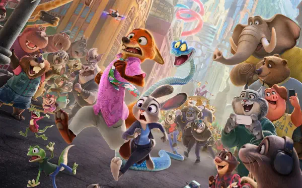 Zootopia 2 4K Ultra HD PC desktop wallpaper/background: Judy Hopps and friends dash through a colorful, bustling city street filled with diverse anthropomorphic animals.