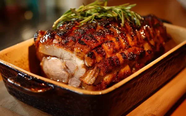 4K Ultra HD PC desktop wallpaper background of glazed roast pork with crispy crackling and rosemary in a roasting pan, close-up food image.