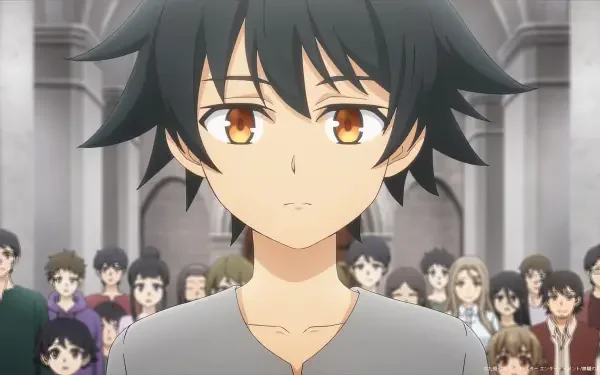 Anime HD PC desktop wallpaper/background featuring Arel from Hero Without a Class: Who Even Needs Skills?! — close-up of Arel with spiky black hair and amber eyes before a crowd in a hall.