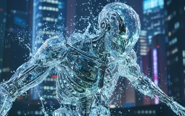 Translucent glass-like robotic humanoid sprinting through a neon-lit futuristic city, exposed circuitry and water droplets — 4K Ultra HD PC desktop wallpaper.