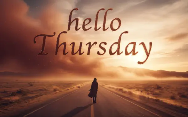 4K Ultra HD PC desktop wallpaper: lone figure walking down an empty road toward a glowing sunset under dramatic clouds with hello Thursday scripted across the sky.