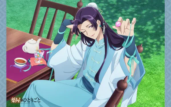 HD PC desktop wallpaper: anime portrait of Jinshi from The Apothecary Diaries reclining in pale blue robes on a garden chair, holding a charm with a tea set on the nearby table.