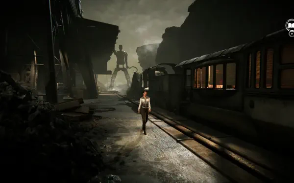 Syberia video game 2K Quad HD PC desktop wallpaper: lone character walks a foggy, abandoned train platform as a towering mechanical walker looms in the distance.