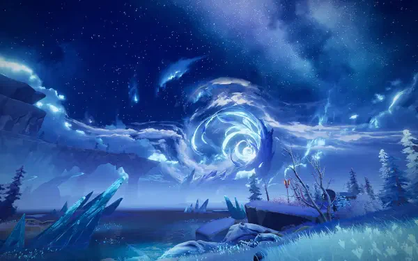 HD PC desktop wallpaper of Duet Night Abyss video game: icy coastal gaming environment beneath a starry night, with crystalline shards and a glowing spiral portal hovering over the horizon.