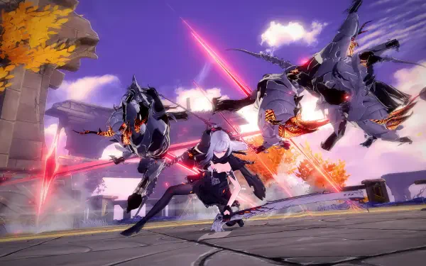 HD PC desktop wallpaper/background from the video game Duet Night Abyss: cloaked protagonist battling three flying mechs with red energy blades under a purple sky.